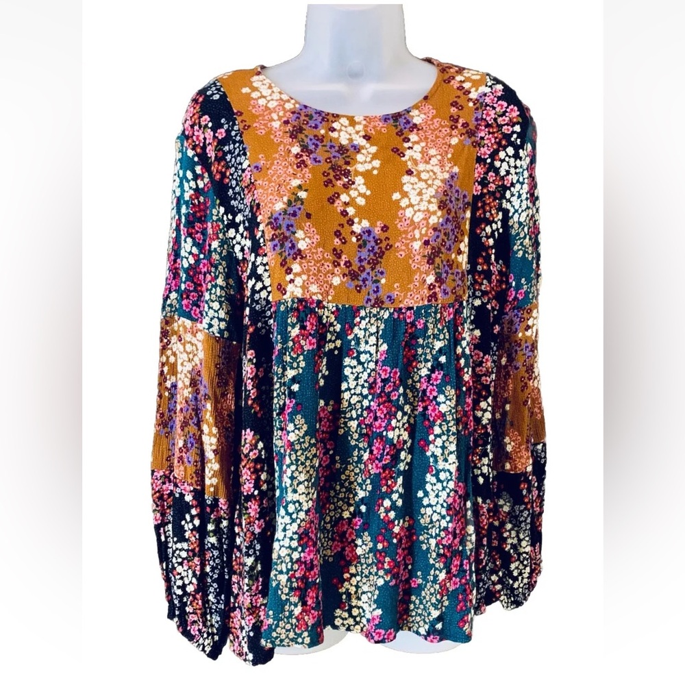 Ces Femme Babydoll Top Fall Floral Prairie Balloon Sleeve Flowy Womens Size S